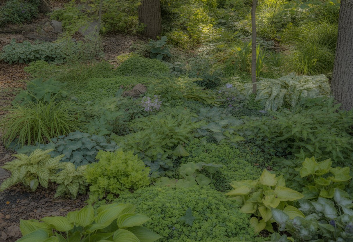 A shaded garden area in Michigan covered with various green ground cover plants beneath tall trees.