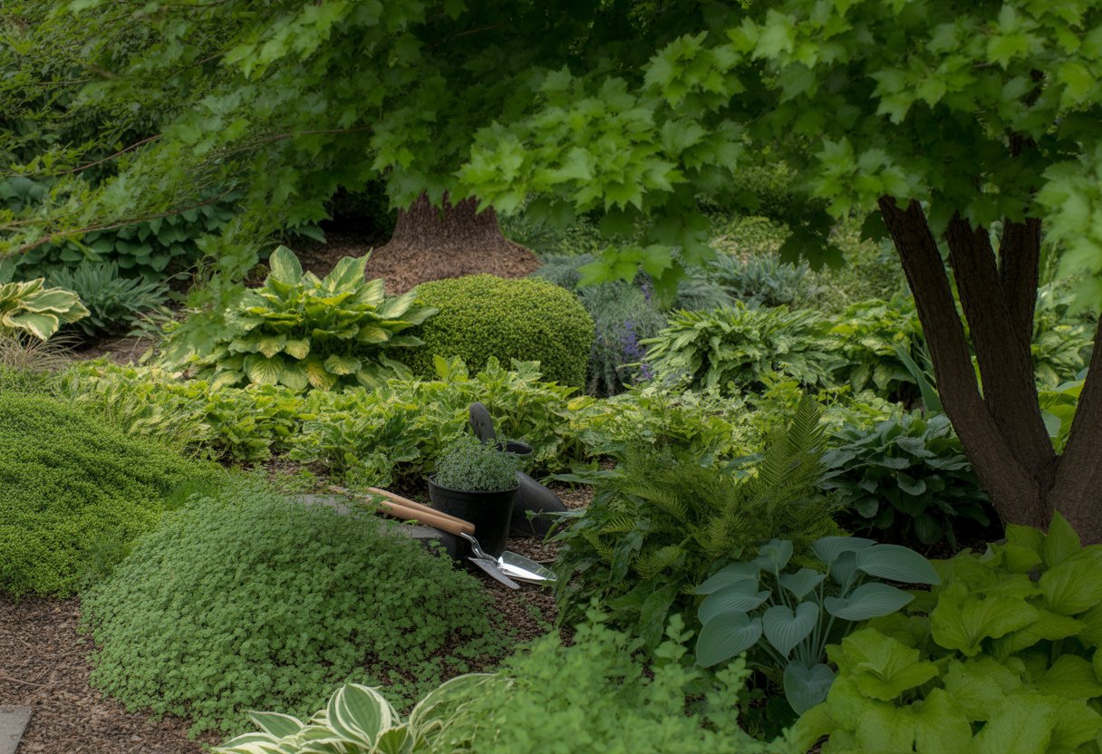 A shaded garden area in Michigan with various green ground cover plants growing under trees and soft sunlight filtering through the leaves.