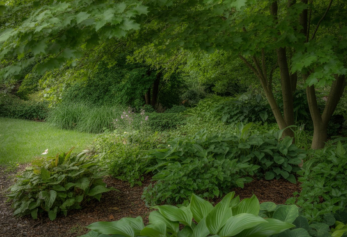 A peaceful shade garden with green ground covers and trees creating a cool, shaded environment.