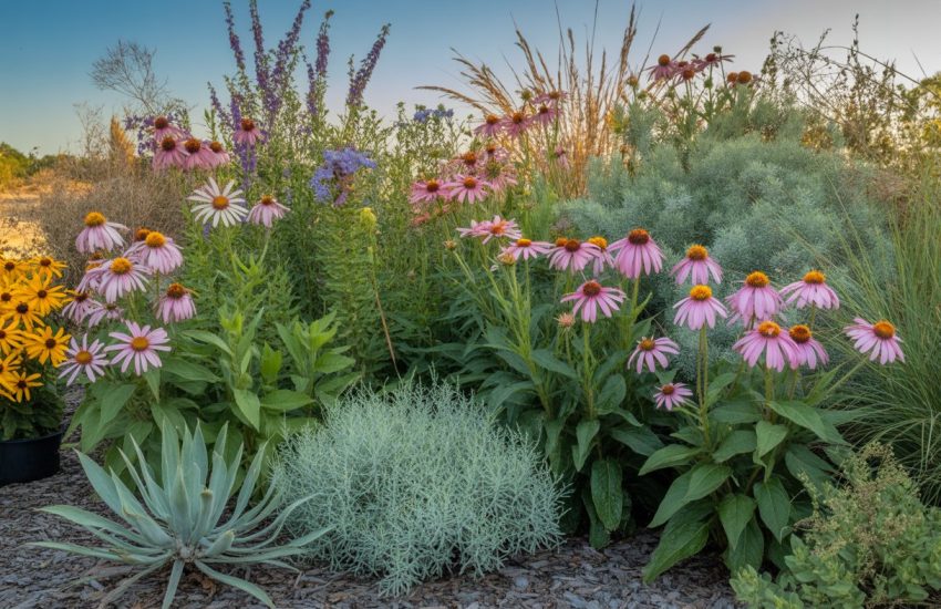 A sunny garden with drought-tolerant native Alabama plants including purple coneflowers, black-eyed Susans, blazing stars, and native grasses.