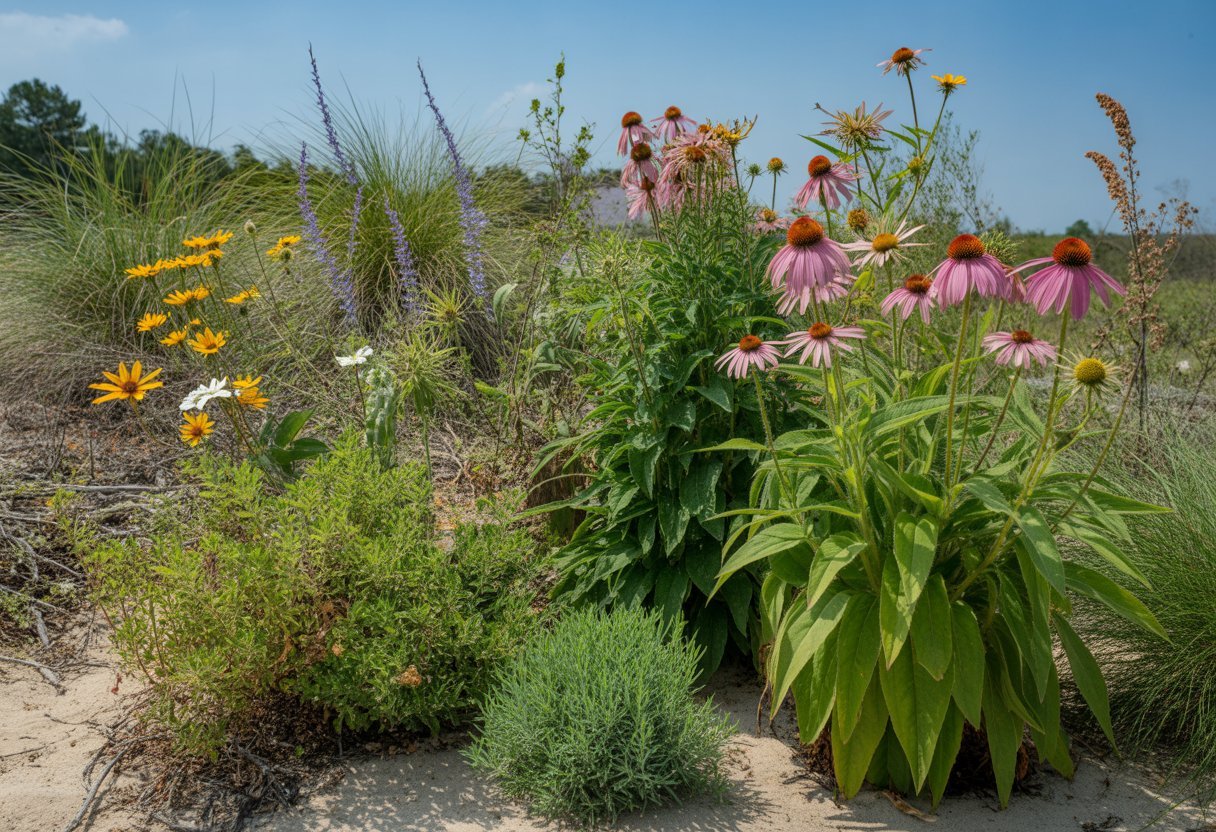 A sunlit garden with a variety of drought-tolerant native Alabama plants including purple coneflowers, black-eyed Susans, butterfly weed, and native grasses growing in sandy soil.