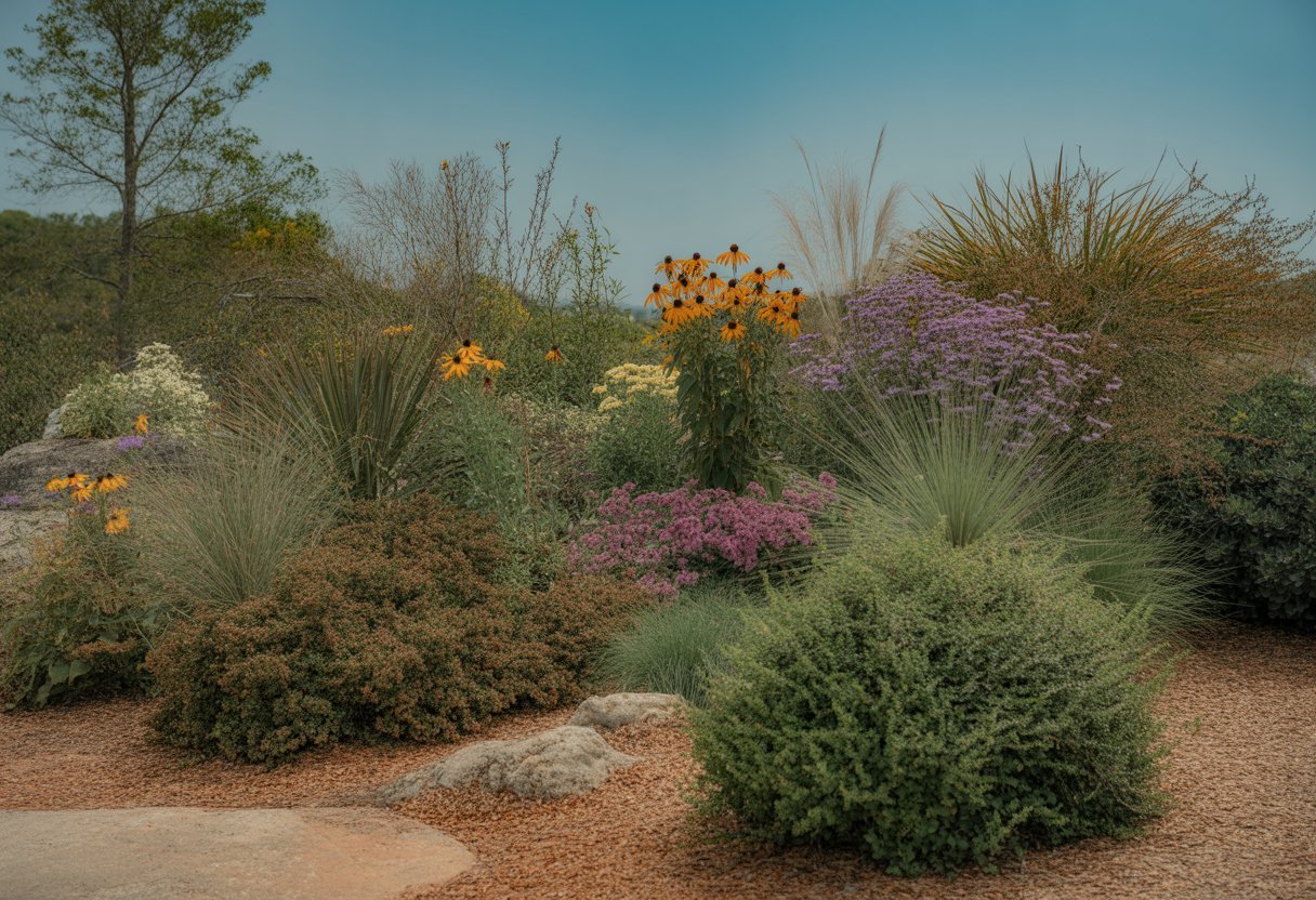 A sunny outdoor garden in Alabama with drought-tolerant native plants including flowering perennials and grasses, red clay soil, natural mulch, and rocks under a clear blue sky.