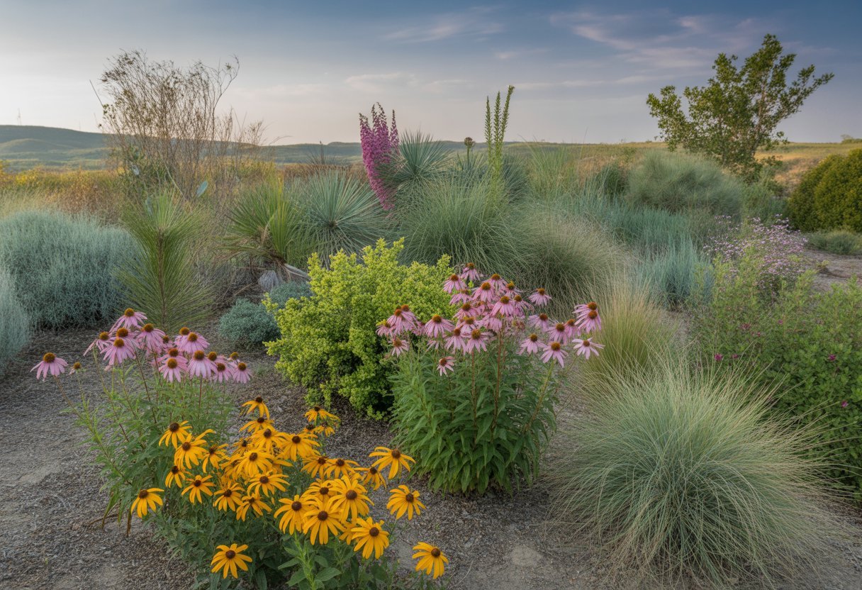 A garden with drought-tolerant native plants including flowering perennials and grasses in a sunny, dry landscape with rolling hills in the background.