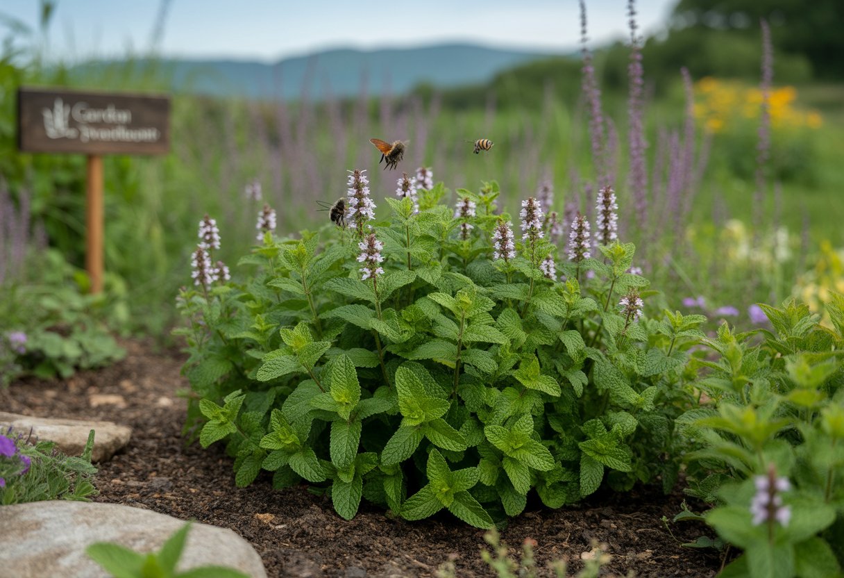 A lush garden in Vermont with native mint plants, bees and butterflies pollinating, and rolling hills in the background.