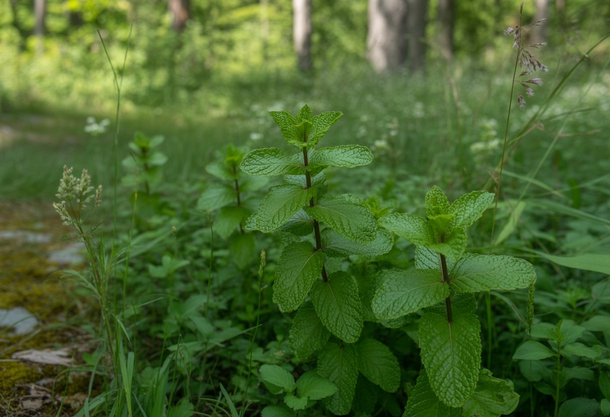 Close-up of native Vermont mint plants growing among diverse forest vegetation in a natural setting.