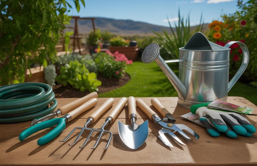 A variety of gardening tools arranged on a wooden table with a green garden and mountains in the background.