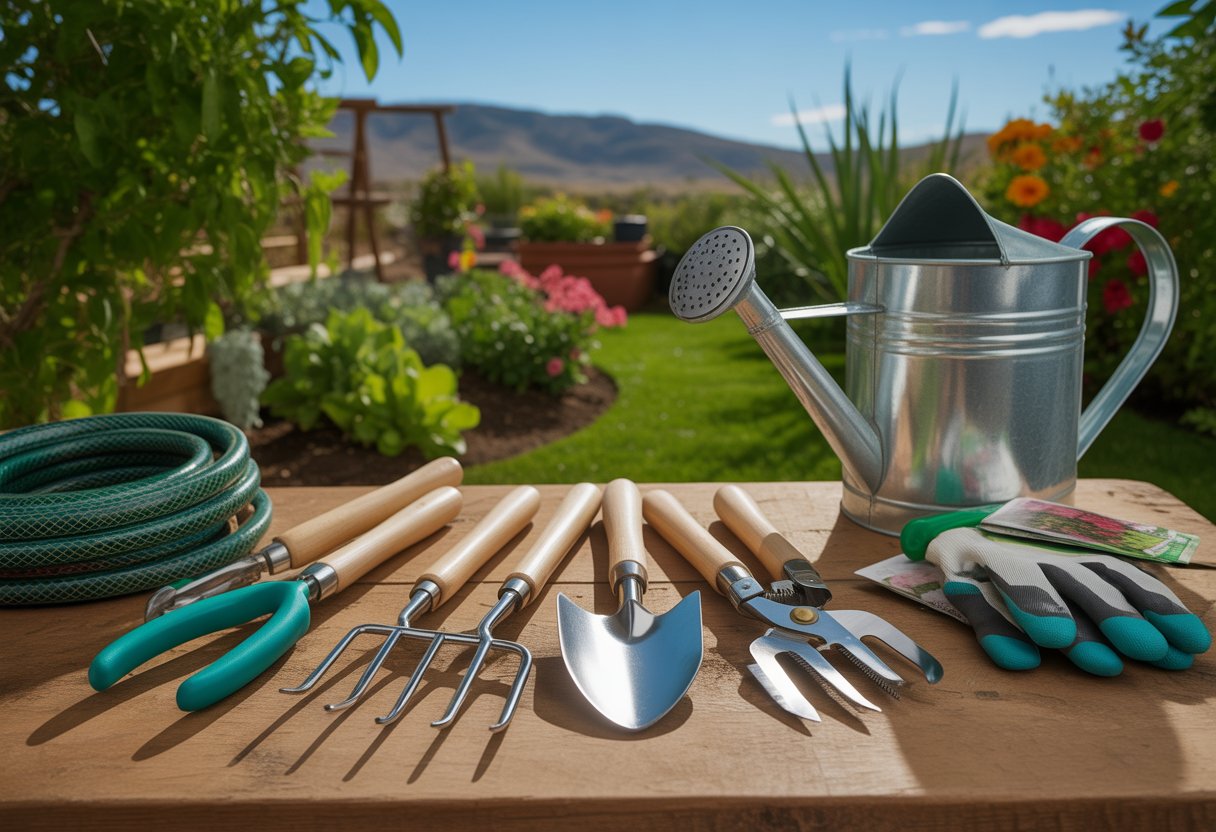 Tools Every Colorado Gardener Needs for Successful Seasonal Growth - PlantNative.org A variety of gardening tools arranged on a wooden table with a green garden and mountains in the background.