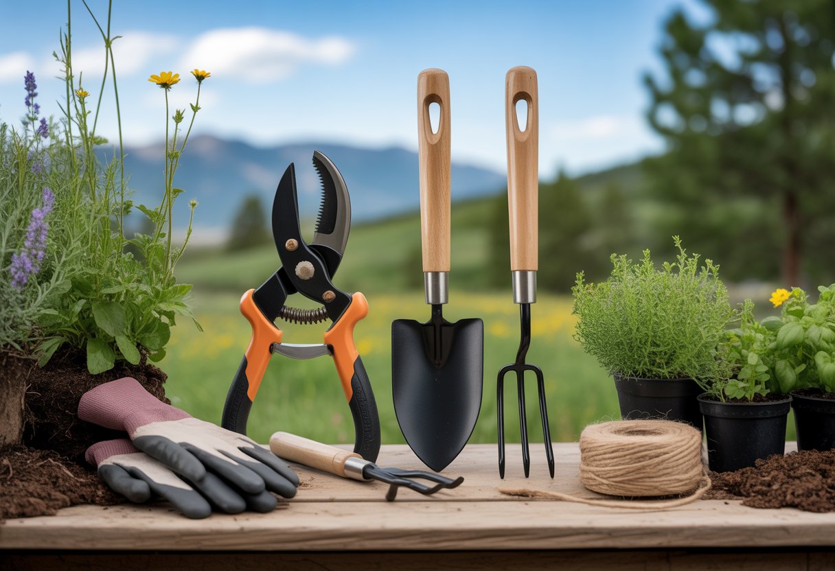 Tools Every Colorado Gardener Needs for Successful Seasonal Growth - PlantNative.org A collection of essential gardening hand tools arranged on a wooden table outdoors with mountains and blue sky in the background.