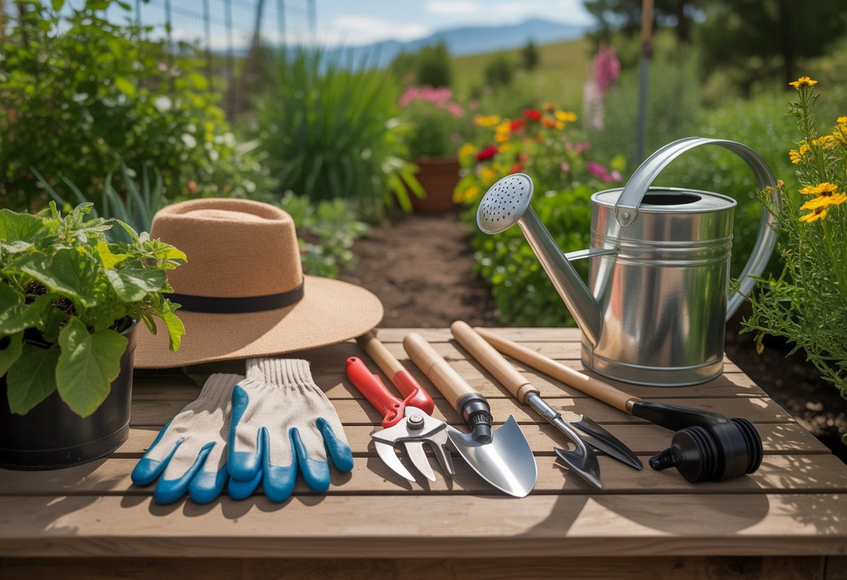 Tools Every Colorado Gardener Needs for Successful Seasonal Growth - PlantNative.org A collection of garden tools including gloves, pruning shears, a trowel, watering can, and hat arranged on a wooden table in a green garden with flowers and mountains in the background.