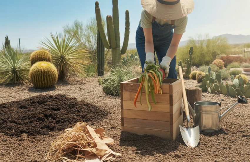 A gardener adds organic scraps to a compost bin in a desert garden with cacti and succulents under clear blue sky.