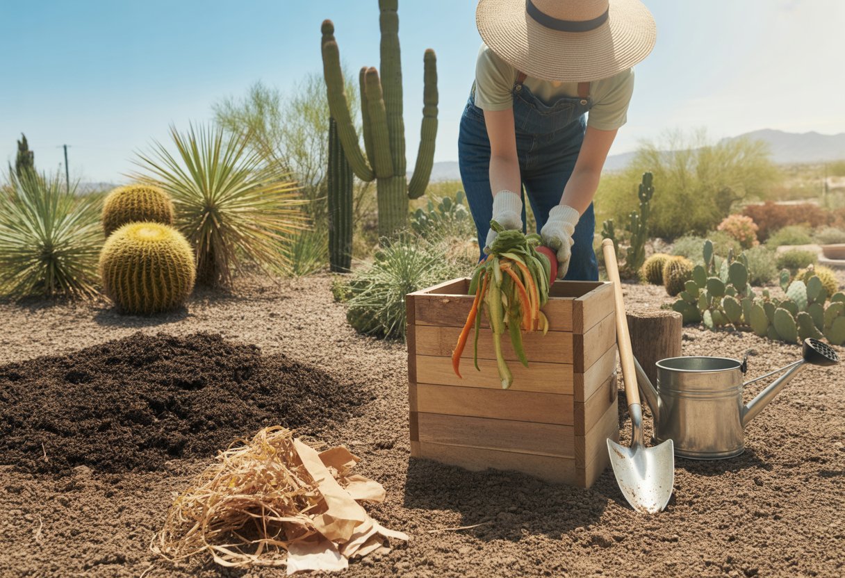 Composting Tips for Arizona Gardeners: Maximizing Soil Health in Arid Climates - PlantNative.org A gardener adds organic scraps to a compost bin in a desert garden with cacti and succulents under clear blue sky.