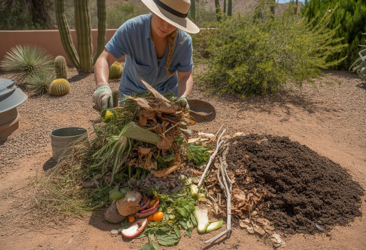 Composting Tips for Arizona Gardeners: Maximizing Soil Health in Arid Climates - PlantNative.org A gardener layering organic compost materials into a compost bin in a sunny backyard garden with desert plants in the background.