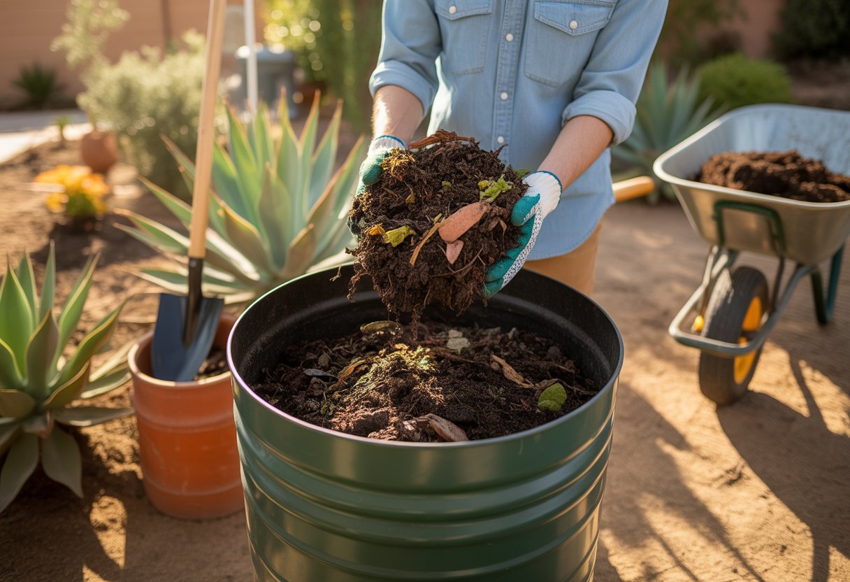 Composting Tips for Arizona Gardeners: Maximizing Soil Health in Arid Climates - PlantNative.org A gardener wearing gloves harvesting dark compost from a compost bin in a sunny backyard garden with desert plants and gardening tools nearby.