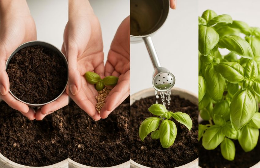 Four-step sequence showing hands planting basil seeds in soil, watering them, and a healthy basil plant growing in a pot.