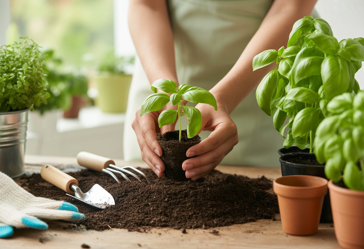 Step by Step Basil Planting Guide for Thriving Herb Gardens - PlantNative.org Hands planting a young basil seedling into soil in a small pot with gardening tools nearby.