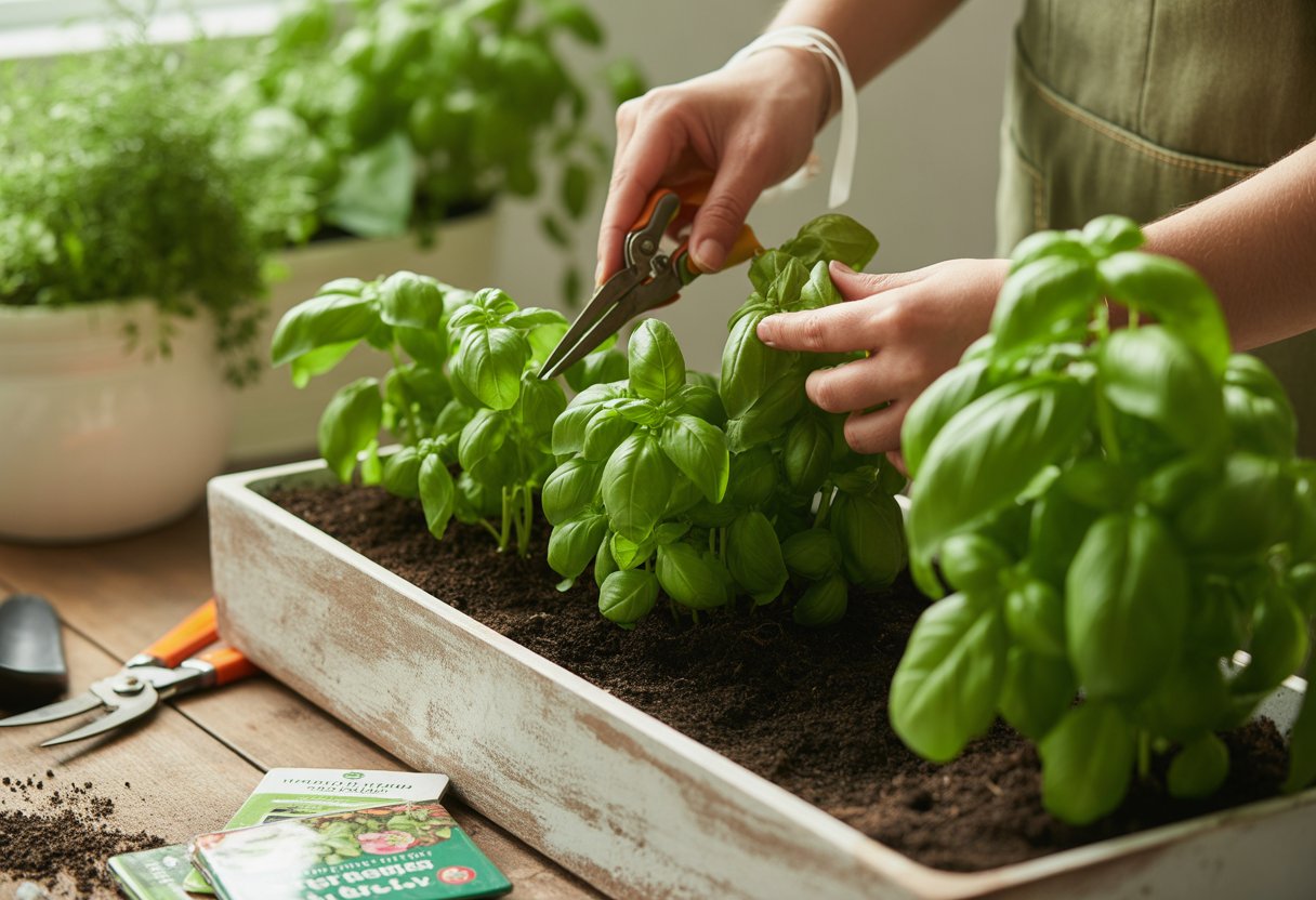 Step by Step Basil Planting Guide for Thriving Herb Gardens - PlantNative.org Hands caring for and harvesting fresh basil plants growing in soil with gardening tools nearby.