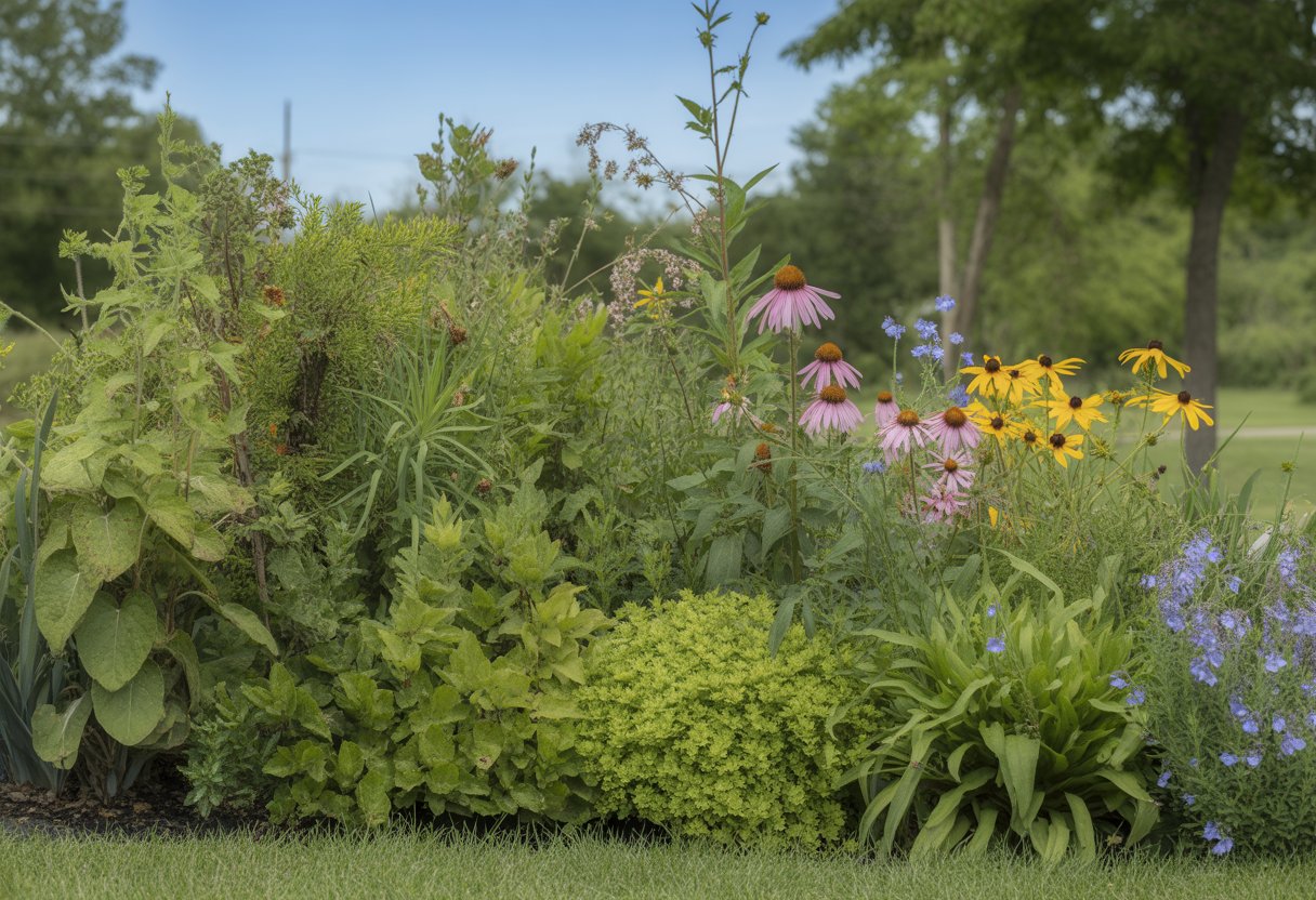 A garden bed with healthy native Indiana plants including green foliage and colorful wildflowers under a clear blue sky.