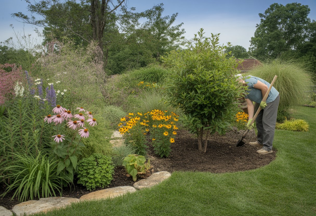 A person planting native plants in a sunny backyard garden with colorful flowers and natural stone borders.