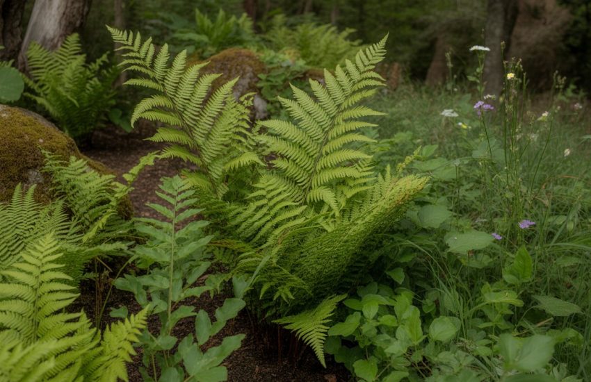A close-up view of green native ferns growing in a natural forest garden with sunlight filtering through trees.