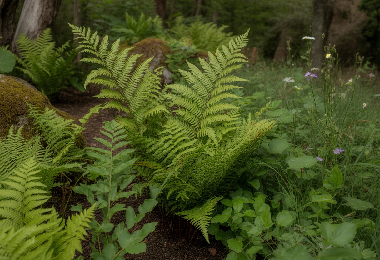 A close-up view of green native ferns growing in a natural forest garden with sunlight filtering through trees.