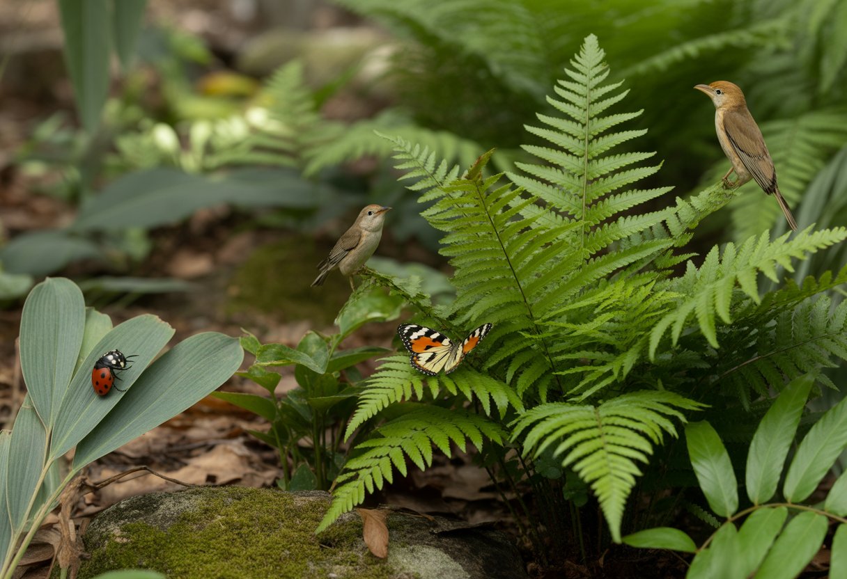 A close-up of native ferns with small birds, a butterfly, and a ladybug in a natural forest setting.