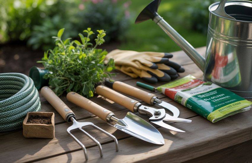 A collection of gardening tools arranged on a wooden table outdoors with green plants in the background.