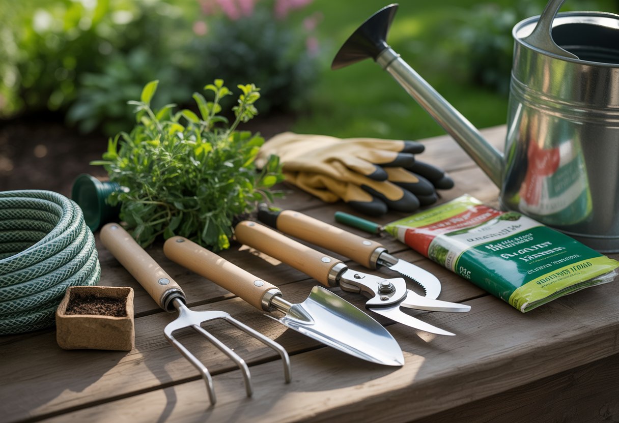 A collection of gardening tools arranged on a wooden table outdoors with green plants in the background.