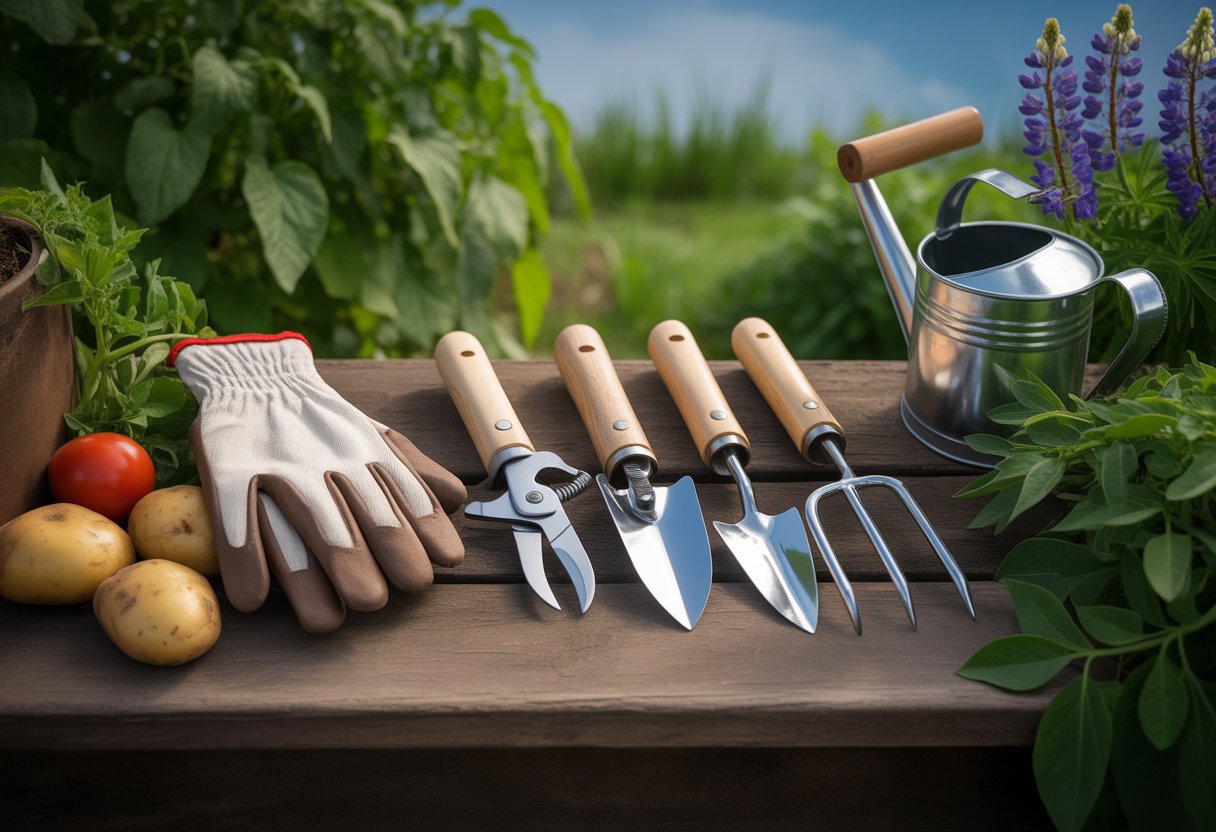 A collection of gardening hand tools arranged on a wooden table outdoors with fresh vegetables and flowers, set against a green garden and blue sky.