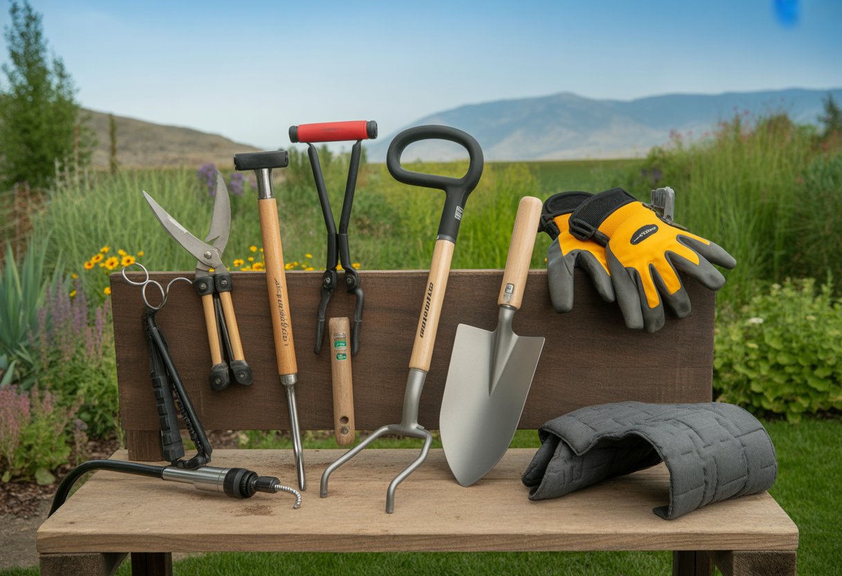A collection of gardening tools arranged on a wooden bench outdoors with a garden and mountains in the background.