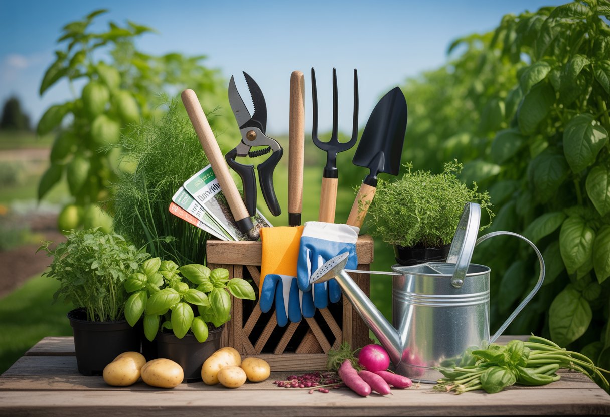 A collection of gardening tools and fresh vegetables arranged on a wooden table in a garden setting with green plants and blue sky in the background.
