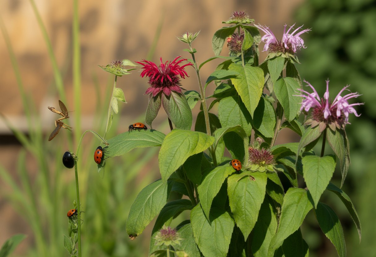 Close-up of a healthy bee balm plant with red and pink flowers, ladybugs on leaves, and a praying mantis nearby in a sunlit garden.