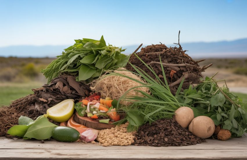 An outdoor display of various compost materials including dry leaves, grass clippings, vegetable scraps, coffee grounds, small branches, and manure arranged on a wooden table with a Utah desert landscape in the background.