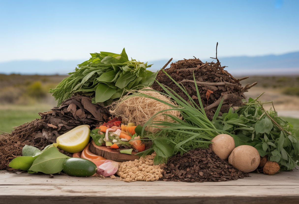 An outdoor display of various compost materials including dry leaves, grass clippings, vegetable scraps, coffee grounds, small branches, and manure arranged on a wooden table with a Utah desert landscape in the background.