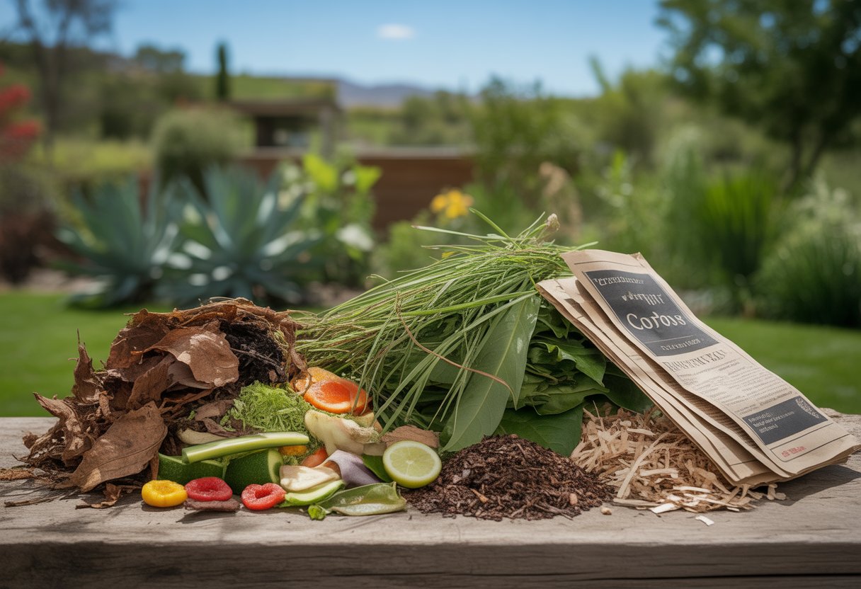 An assortment of compost materials including dried leaves, vegetable scraps, coffee grounds, and wood chips arranged on a wooden surface with a garden and blue sky in the background.