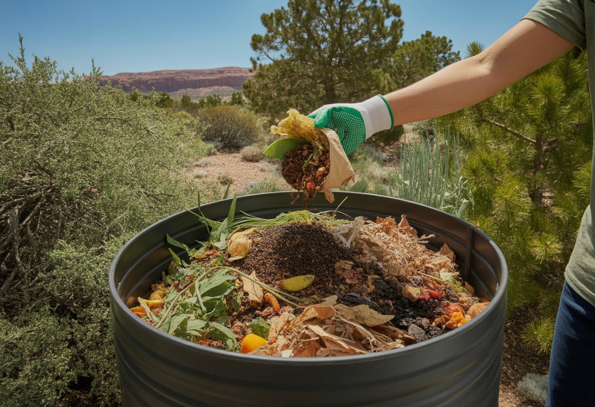 A person adding kitchen scraps to a compost bin outdoors with Utah native plants and red rock formations in the background.