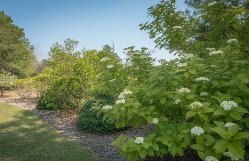 A garden in South Carolina with green viburnum shrubs bearing white flowers, surrounded by grass and trees under a clear sky.