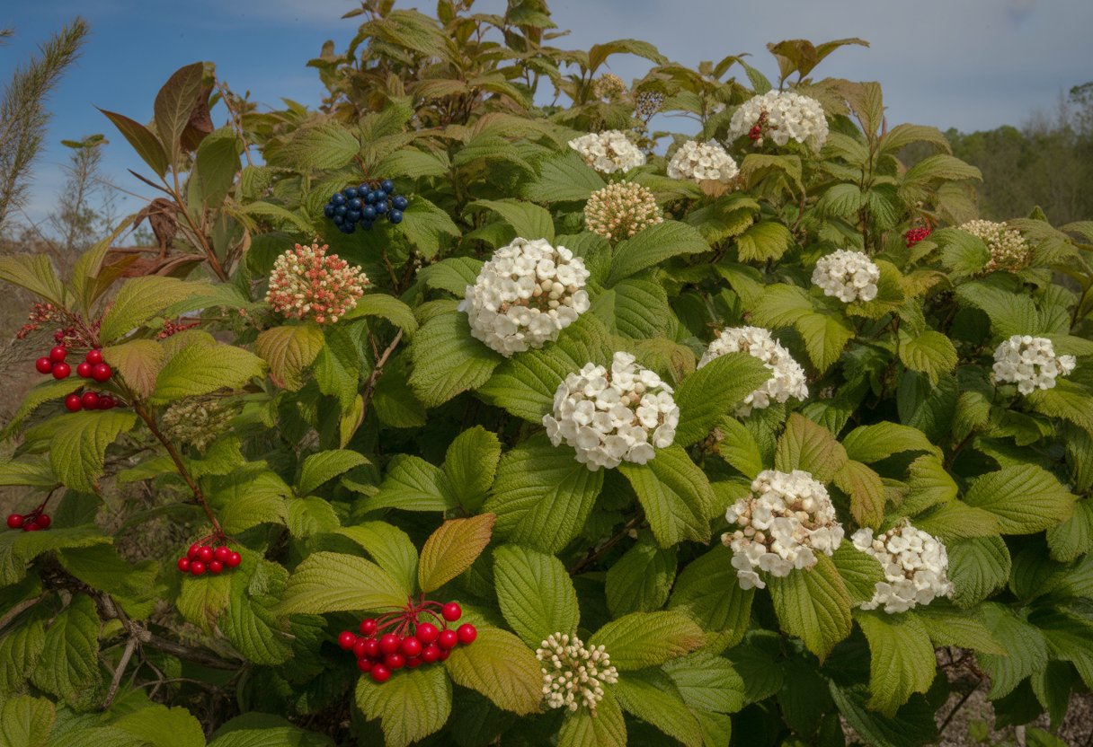 A garden scene with several native Viburnum shrubs in bloom, displaying green leaves, white flowers, and colorful berries under a clear sky.