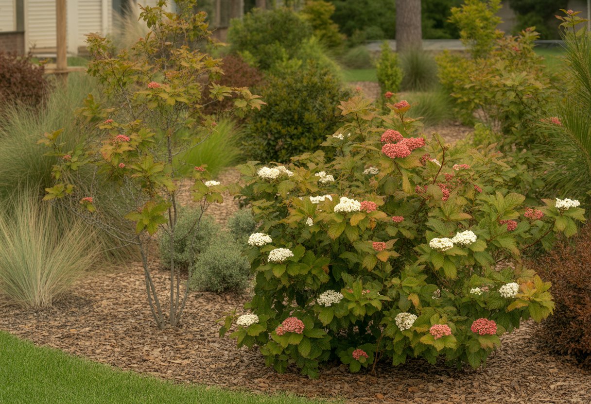 A garden scene in South Carolina with blooming native viburnum shrubs surrounded by mulch and other plants under natural sunlight.