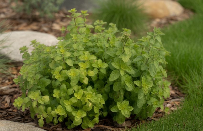 Close-up of ornamental oregano plants growing in a landscaped garden bed with soil and surrounding greenery.