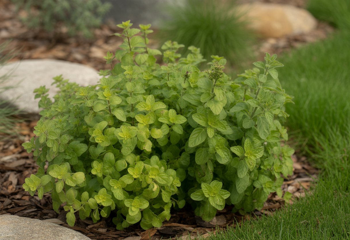 Close-up of ornamental oregano plants growing in a landscaped garden bed with soil and surrounding greenery.