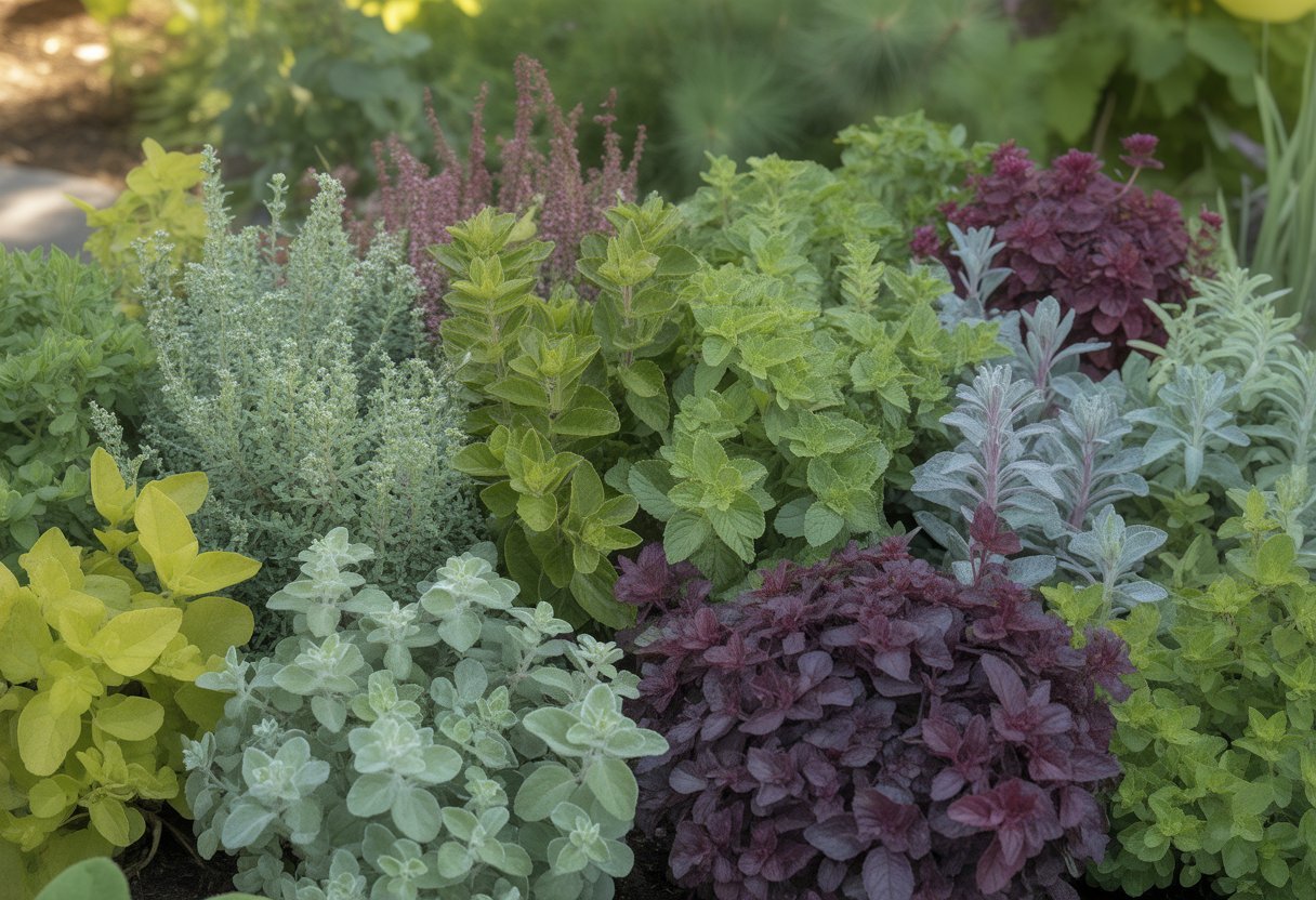 A garden bed with several types of ornamental oregano plants showing different leaf colors and shapes.