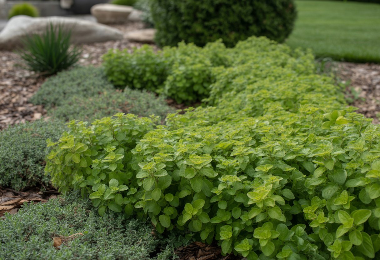 A garden landscape featuring dense green ornamental oregano plants arranged in neat patterns with decorative stones and mulch.