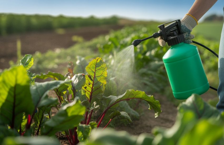 A gardener sprays organic pest control on healthy beet plants in a green field with beneficial insects on the leaves.