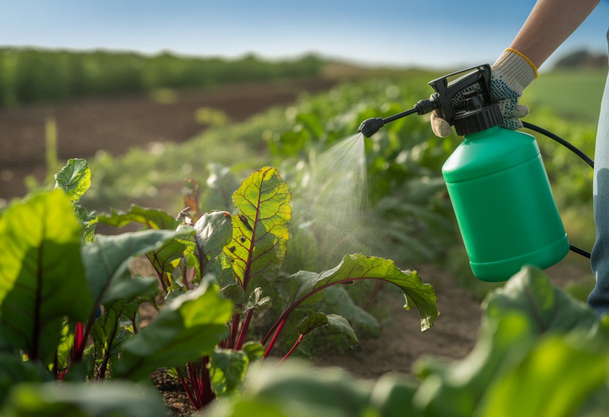 A gardener sprays organic pest control on healthy beet plants in a green field with beneficial insects on the leaves.