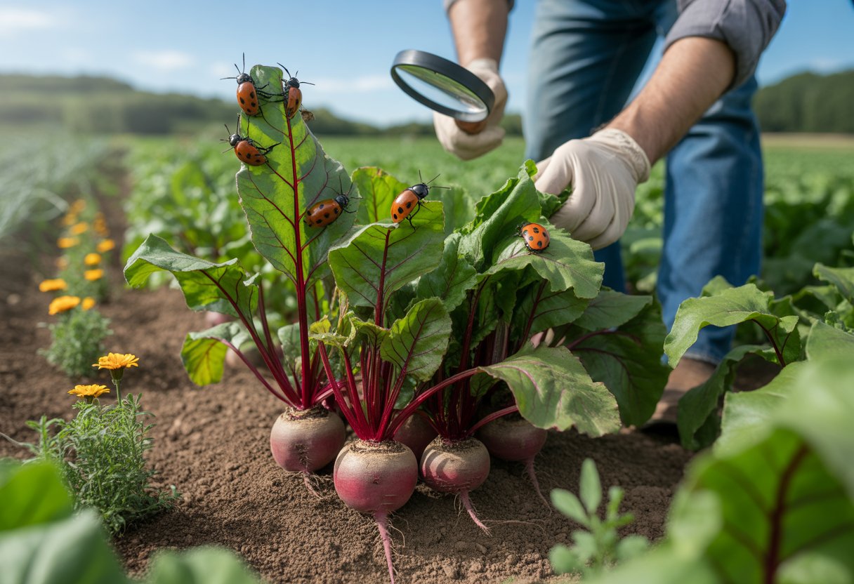A farmer inspecting healthy beet plants with natural pest control insects and companion plants in an organic beet farm.