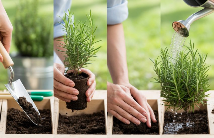 Four-panel image showing hands planting rosemary: loosening soil, placing seedling, covering roots, and watering the plant in a garden.