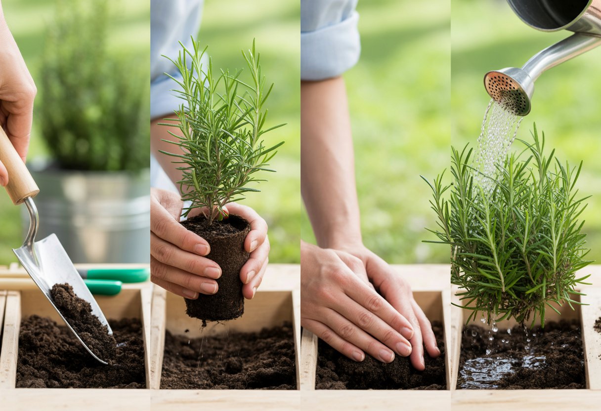 Step by Step Rosemary Planting Guide for Healthy Growth and Easy Care - PlantNative.org Four-panel image showing hands planting rosemary: loosening soil, placing seedling, covering roots, and watering the plant in a garden.