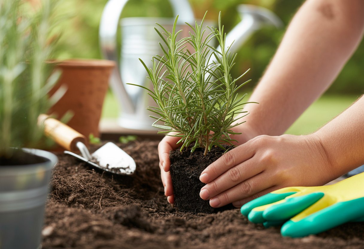 Step by Step Rosemary Planting Guide for Healthy Growth and Easy Care - PlantNative.org Hands planting a rosemary seedling into soil with gardening tools nearby in an outdoor garden.