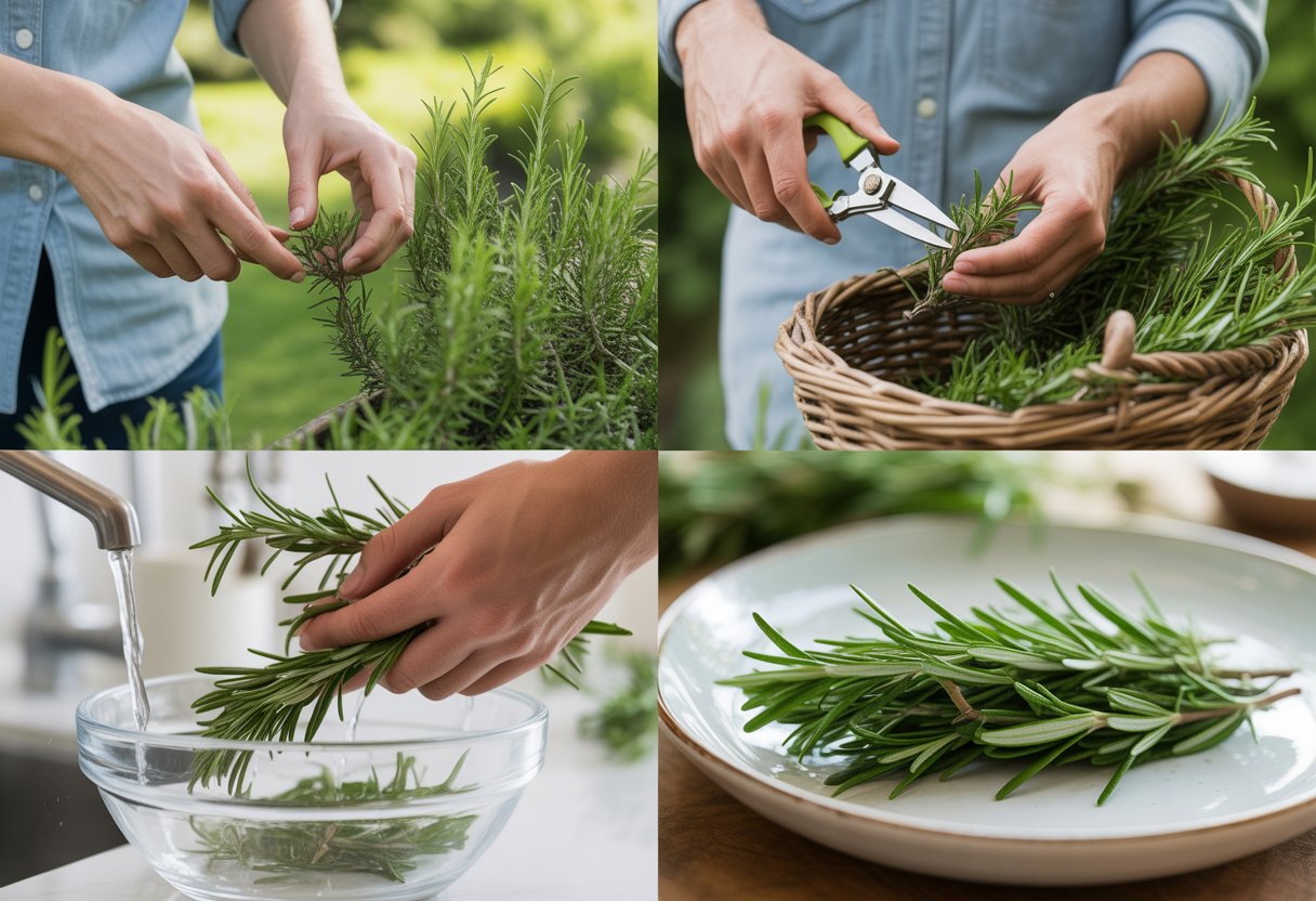 Step by Step Rosemary Planting Guide for Healthy Growth and Easy Care - PlantNative.org Hands harvesting fresh rosemary from a garden plant, washing the herb in a bowl, and a dish garnished with rosemary on a kitchen counter.