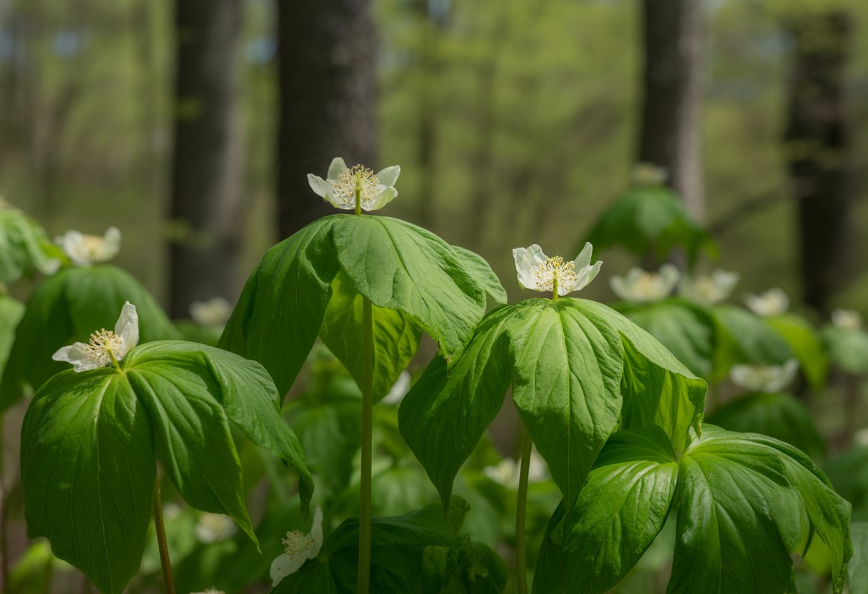Benefits of Planting Native Mayapple for Ecosystem Health and Garden Diversity - PlantNative.org Close-up of a native mayapple plant with green leaves and white flowers growing in a forest under soft sunlight.
